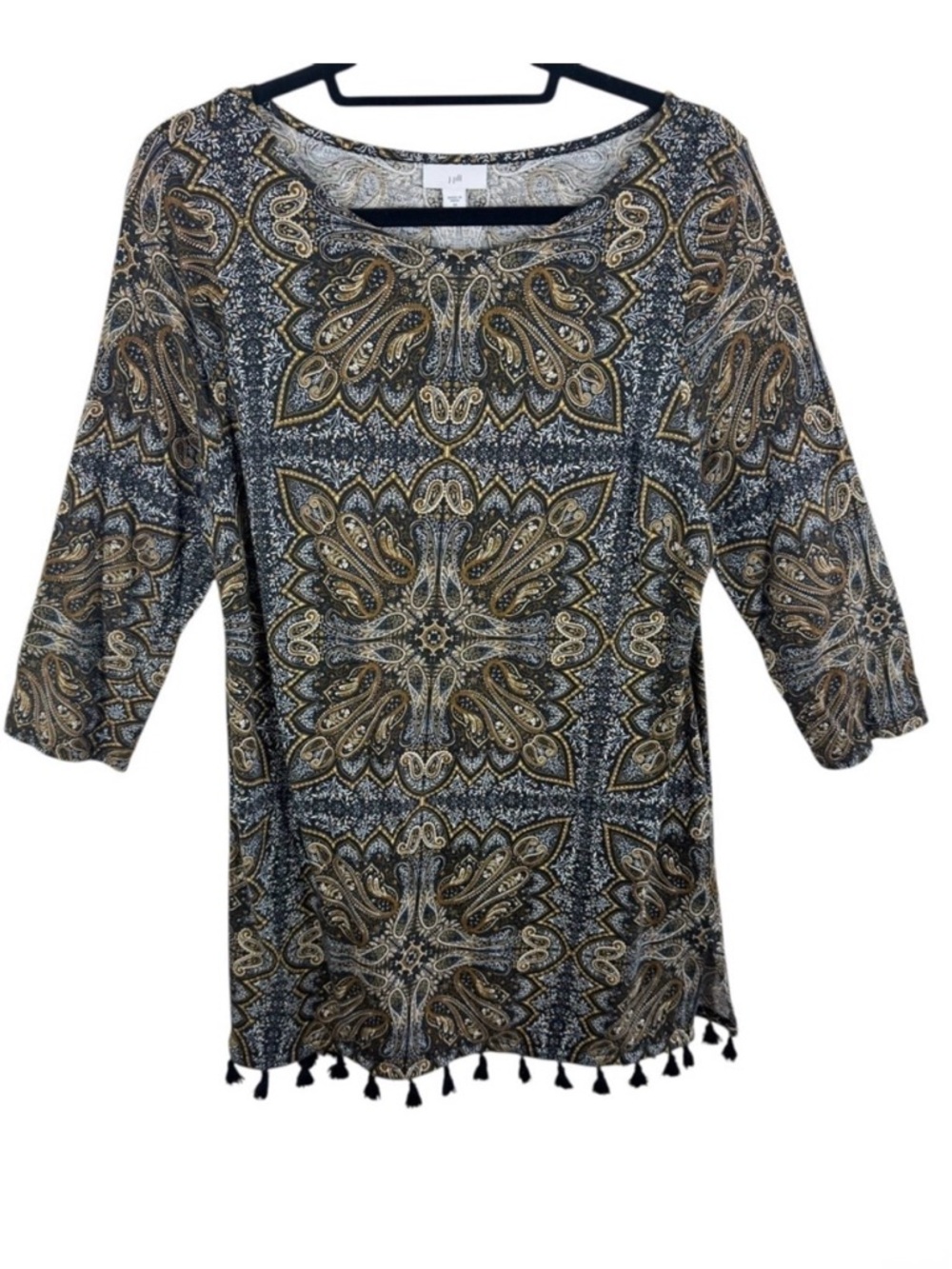 J. Jill Paisley Cotton Modal Tassel Tunic Top 3/4 Sleeve Women's Medium